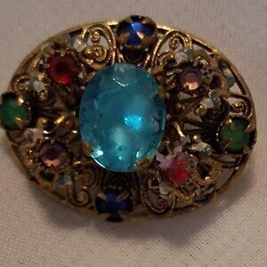 Vintage Czech Filigree Pin with Gemstones